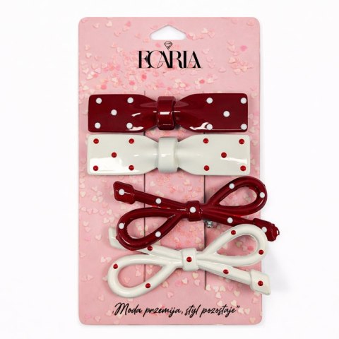 Zestaw pakiet 4w1 spinek wsuwek do włosów, KOKARDY czerwone białe kropki PINK SP452